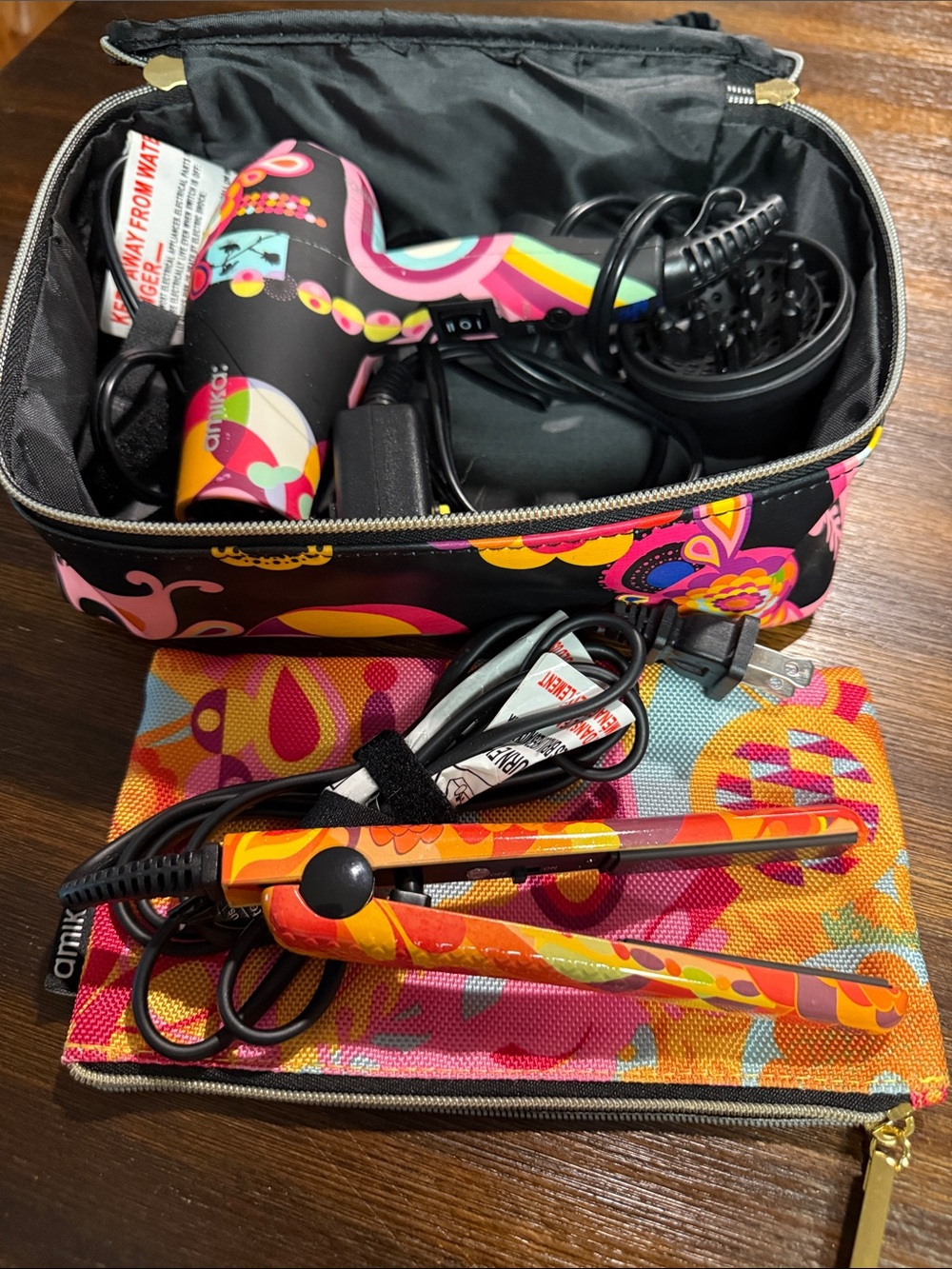 Colorful Amika hairdryer, and flat iron- Pink & Orange with travel case